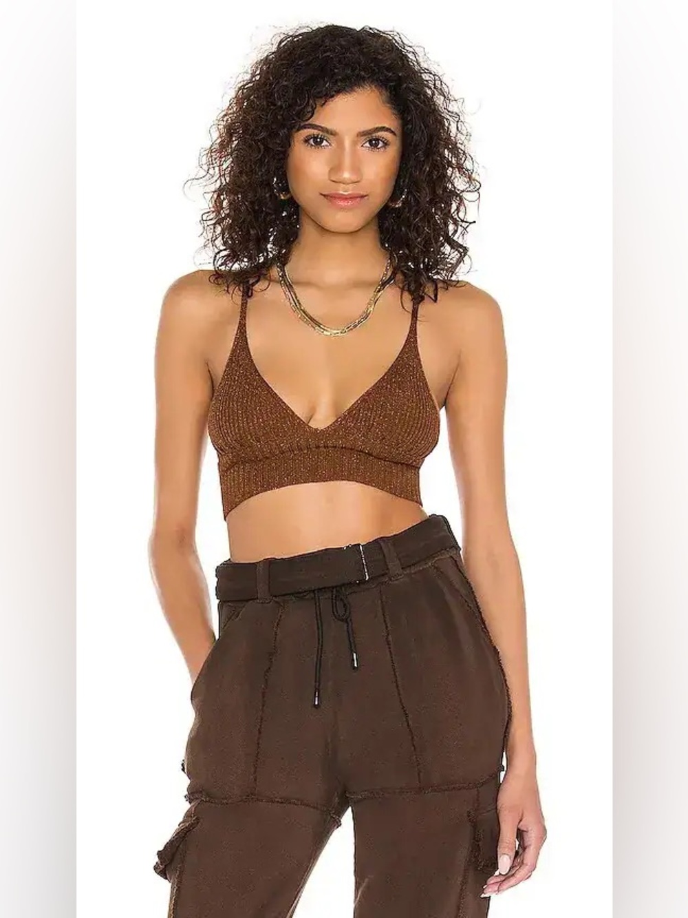 Free People Brown Ellery Sweater Longline Bralette Crop Top in Bronzed Copper